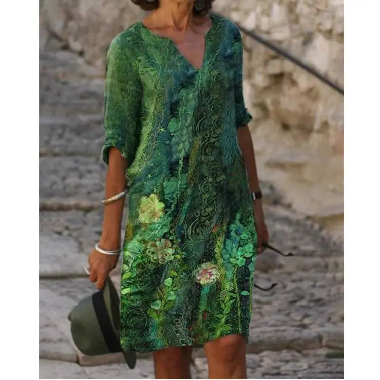 Women's Black Floral Short Sleeve Dress with V-Neck