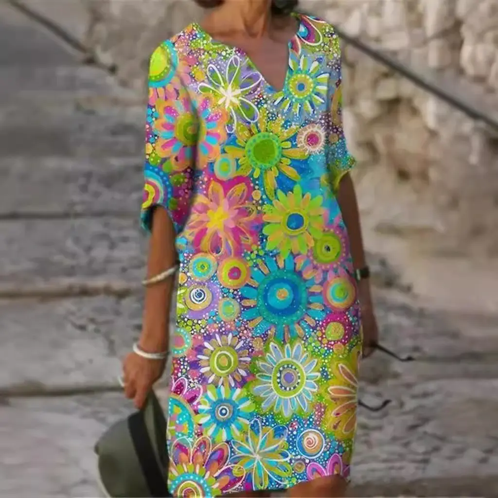 2025 Printed V Neck Loose Dress Bamboo Retro Five-Quarter Sleeve Large - Image 5