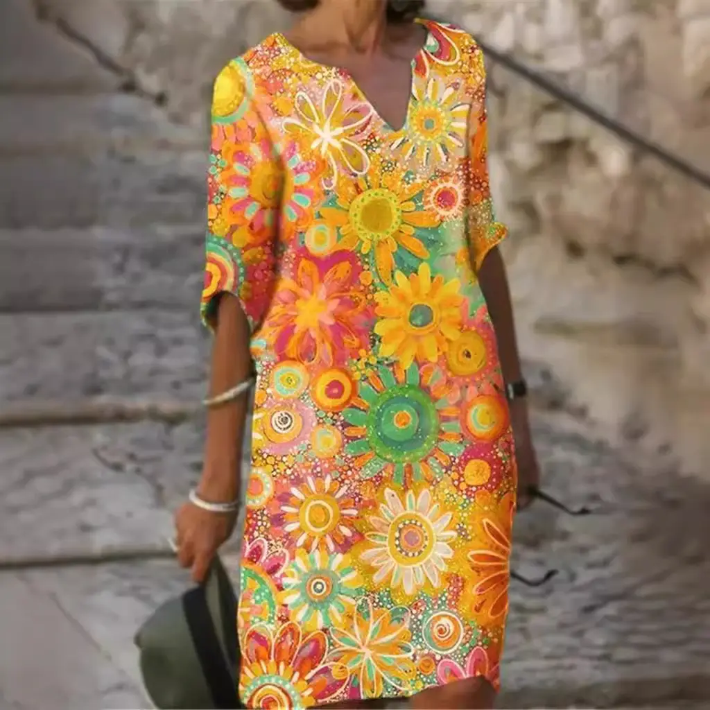 2025 Printed V Neck Loose Dress Bamboo Retro Five-Quarter Sleeve Large - Image 6