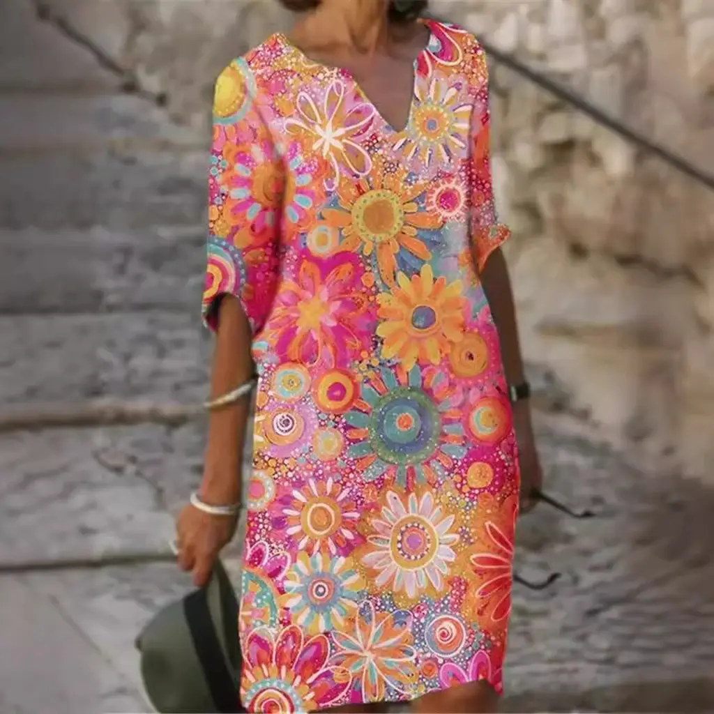 2025 Printed V Neck Loose Dress Bamboo Retro Five-Quarter Sleeve Large - Image 7