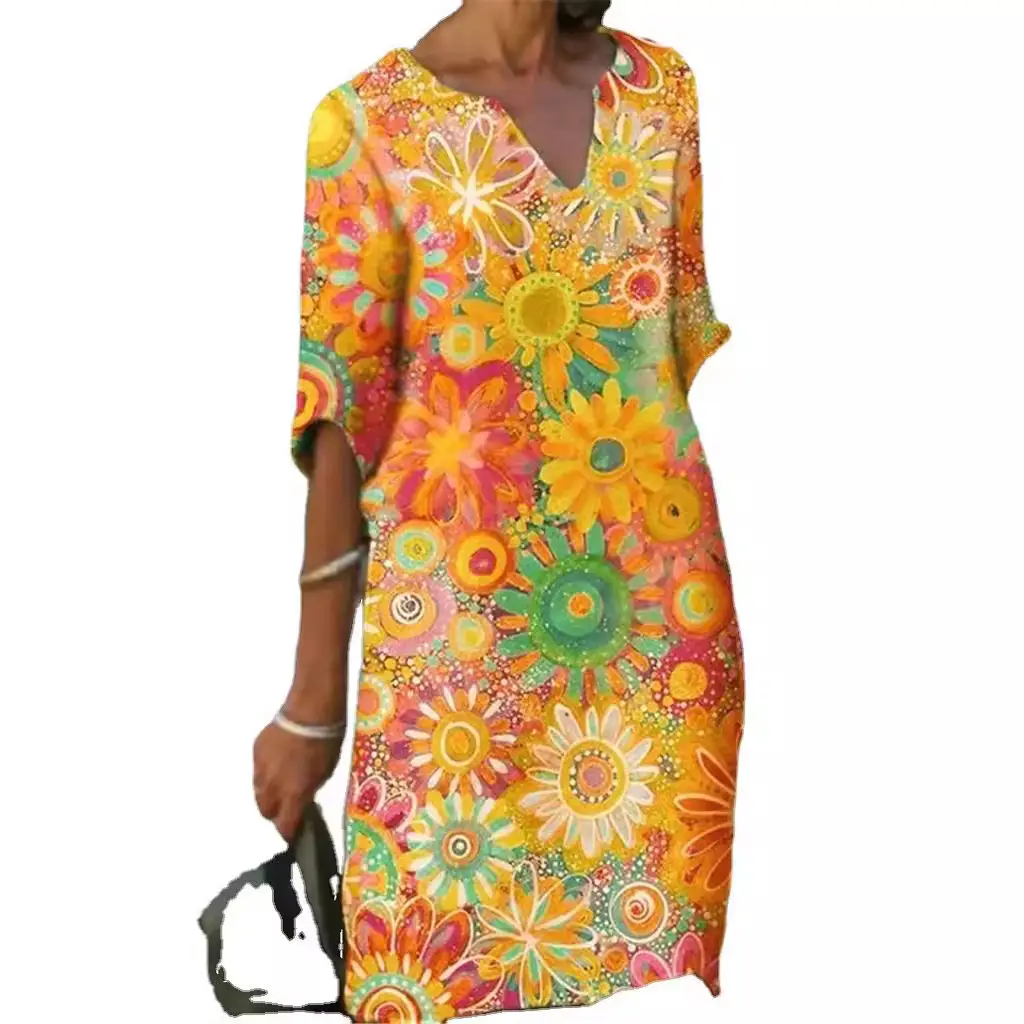 2025 Printed V Neck Loose Dress Bamboo Retro Five-Quarter Sleeve Large - Image 8