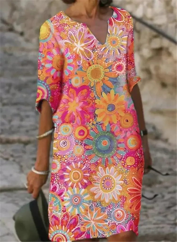 2025 Printed V Neck Loose Dress Bamboo Retro Five-Quarter Sleeve Large - Image 2