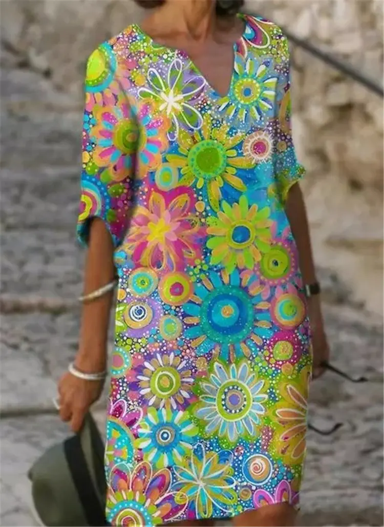 2025 Printed V Neck Loose Dress Bamboo Retro Five-Quarter Sleeve Large - Image 3