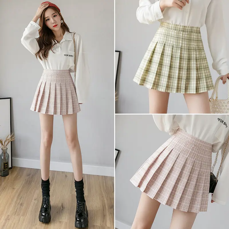 Green Plaid High Waist Pleated Skirt for Women