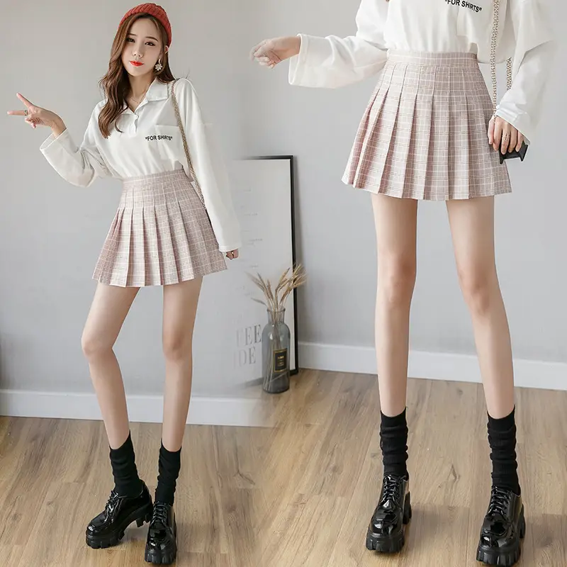 Green Plaid High Waist Pleated Skirt for Women
