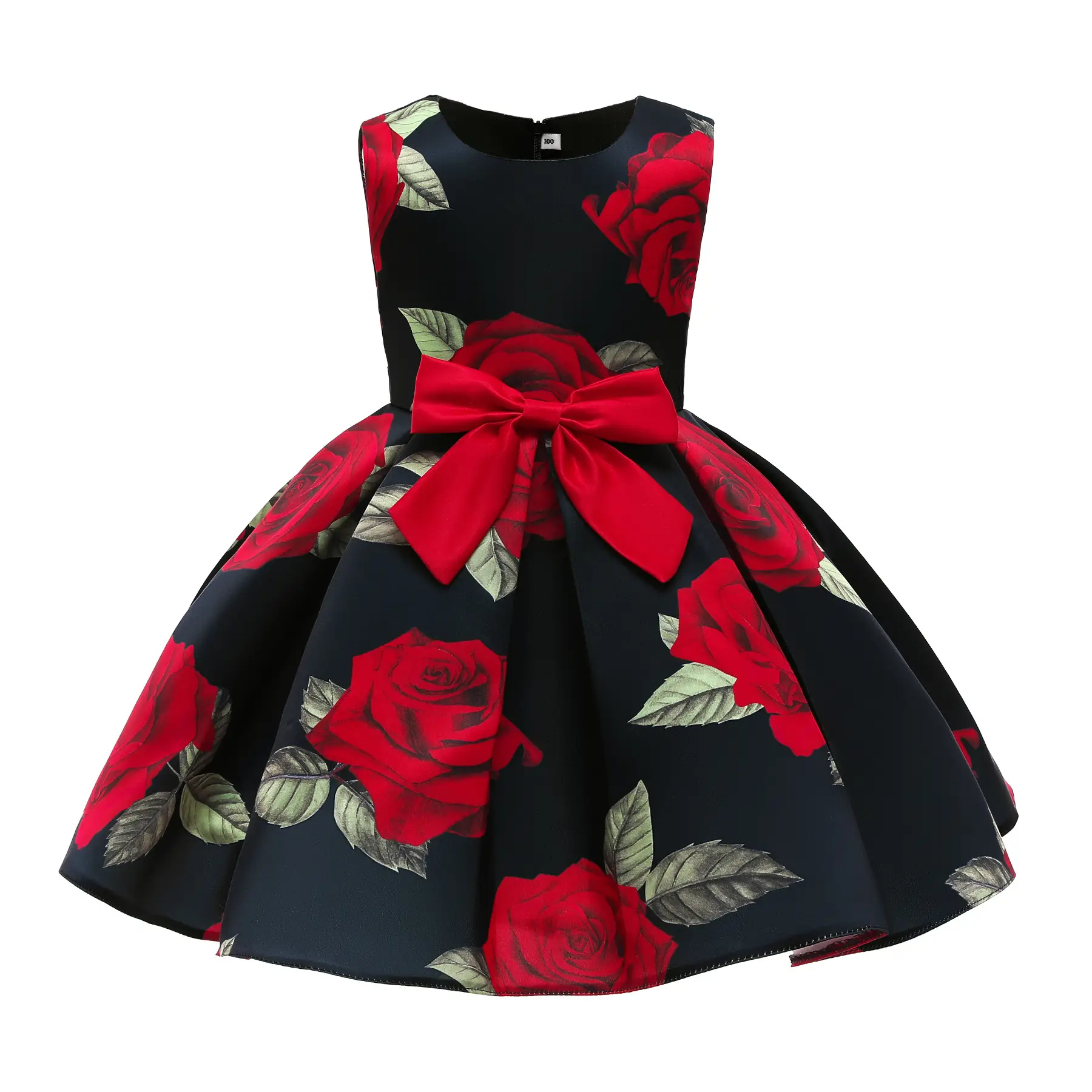 Girls Printed Red Rose Vest Dress Black