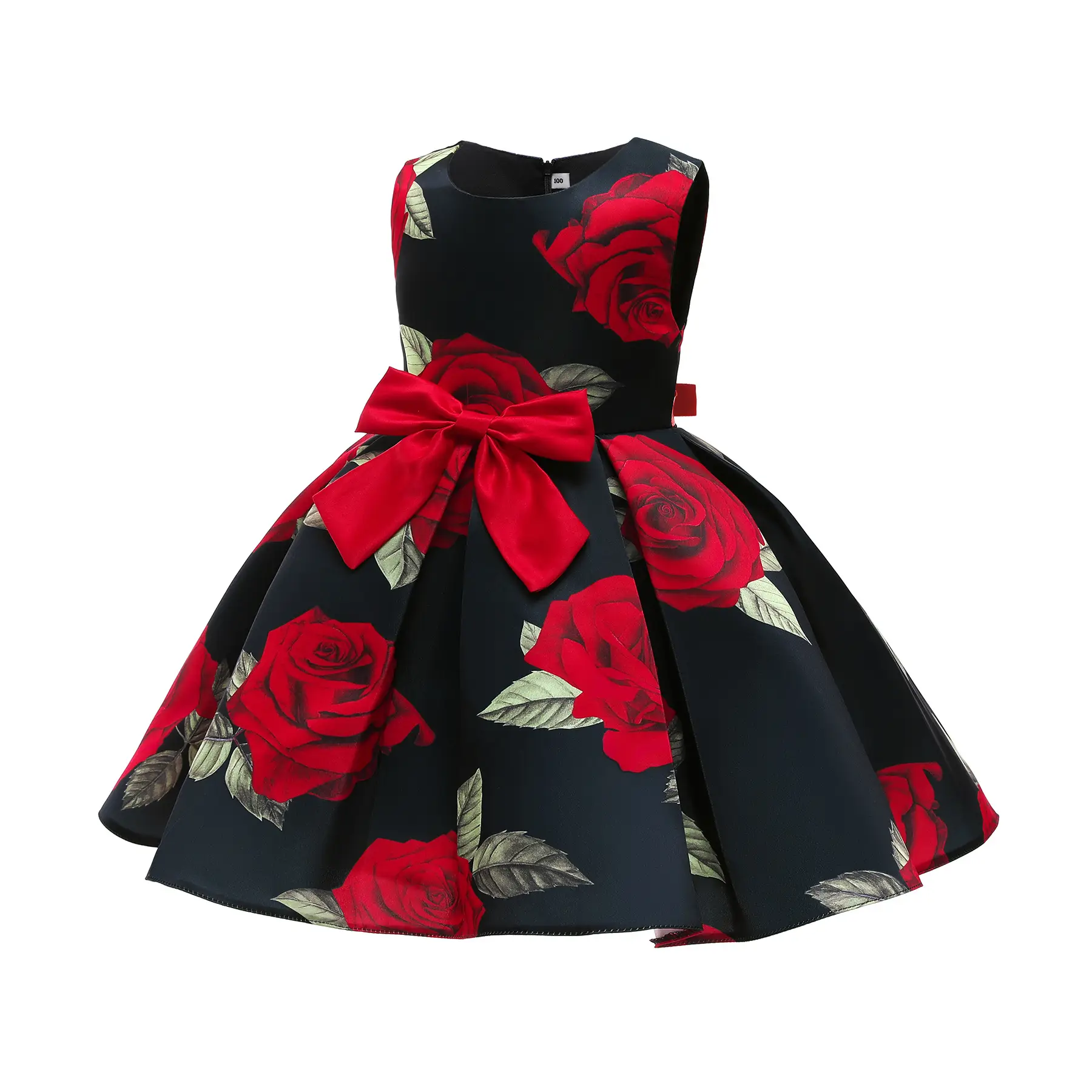 Girls Printed Red Rose Vest Dress Black
