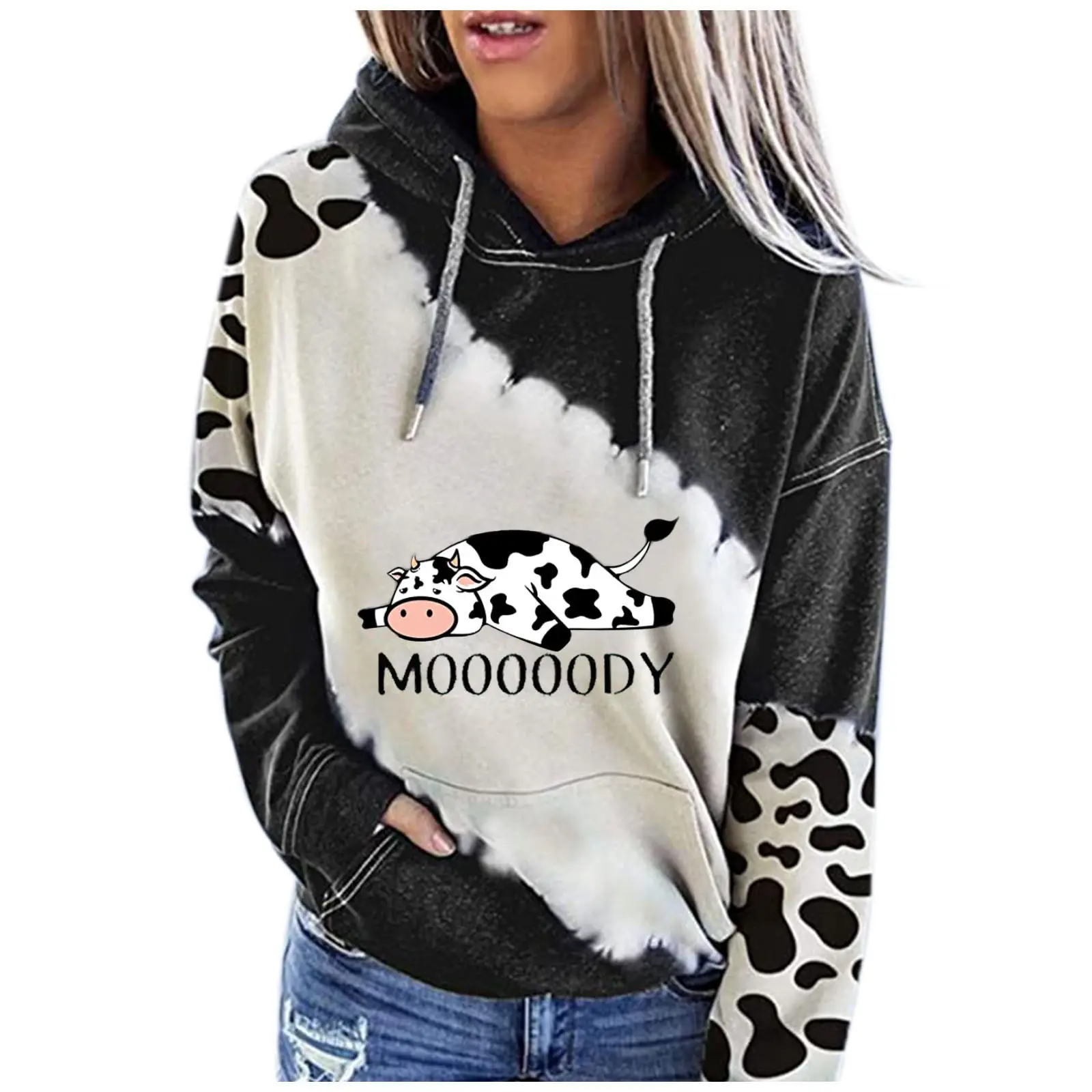 Cow Print Hoodie Black White Long Sleeve