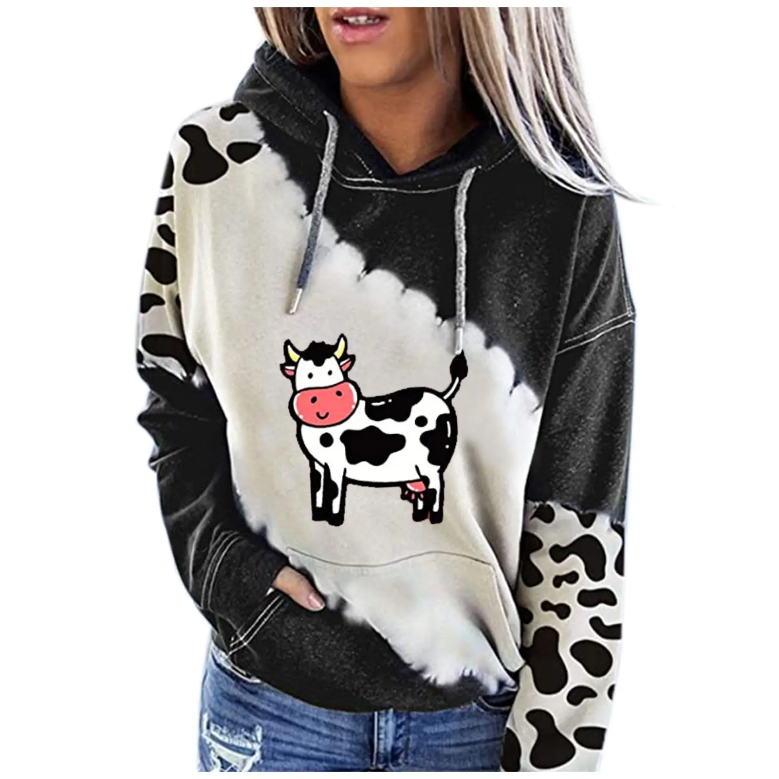 Cow Print Hoodie Black White Long Sleeve