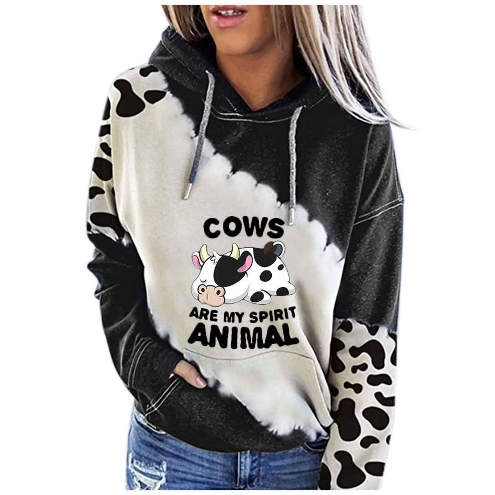 Cow Print Hoodie Black White Long Sleeve