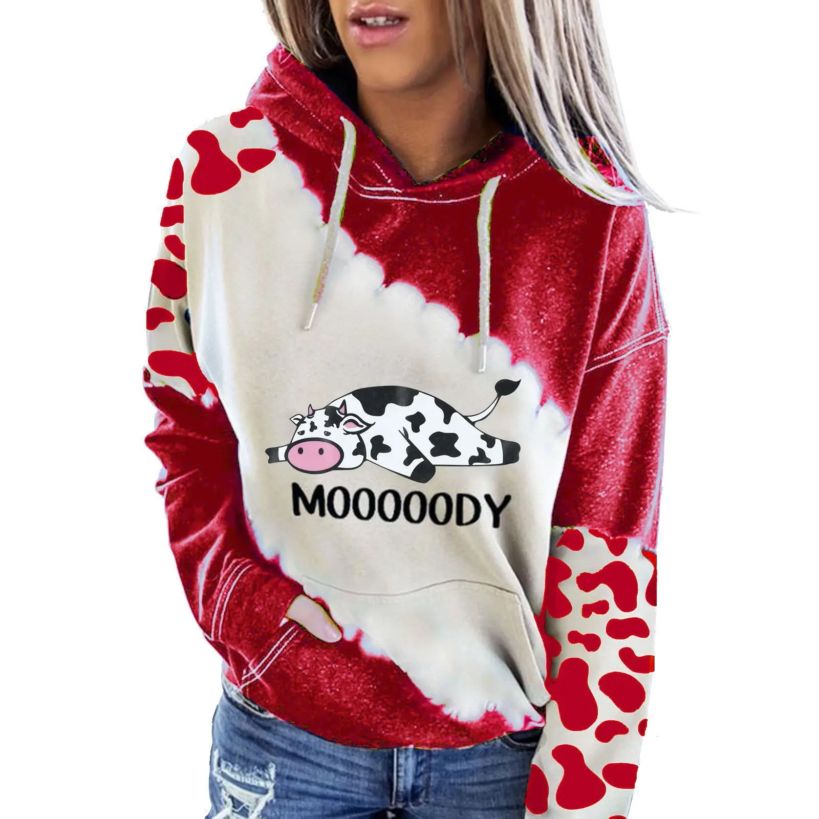 Cow Print Hoodie Black White Long Sleeve