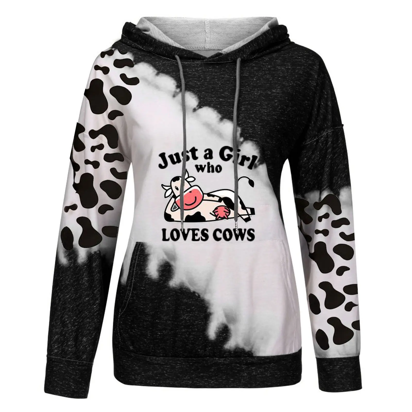 Cow Print Hoodie Black White Long Sleeve