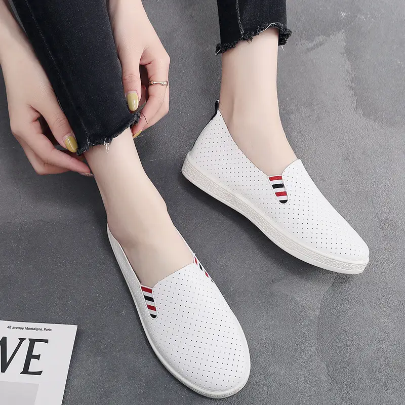 2026 Autumn Student Shoes for Women, Breathable Mesh White Slip-On Shoes, Leather Surface, Wear-Resistant Low-Top Lazy Shoes - Image 4