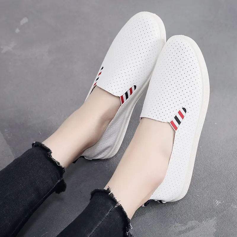 2026 Autumn Student Shoes for Women, Breathable Mesh White Slip-On Shoes, Leather Surface, Wear-Resistant Low-Top Lazy Shoes - Image 5