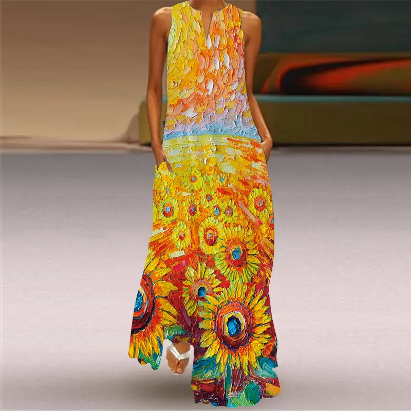 2026 Summer V-Neck Multi-Color Long Dress with Retro Print - Image 3