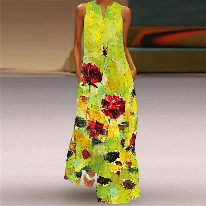 2026 Summer V-Neck Multi-Color Long Dress with Retro Print - Image 5