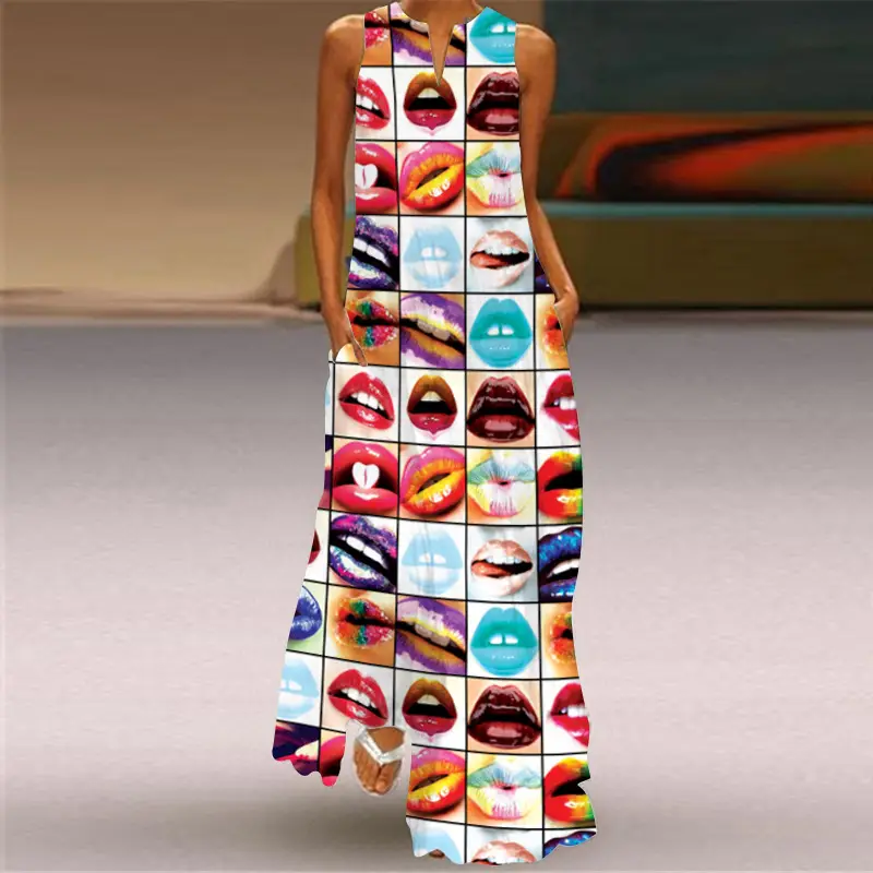 2026 Summer V-Neck Multi-Color Long Dress with Retro Print - Image 8