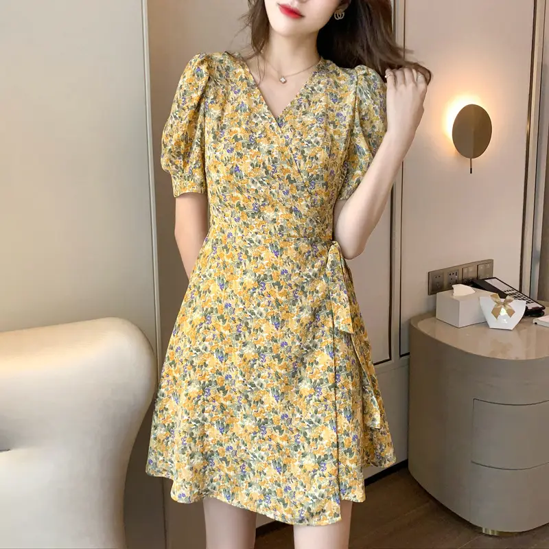 Women Floral Chiffon Dress Summer Short Skirt French Retro Waist Tie A-Line - Image 4