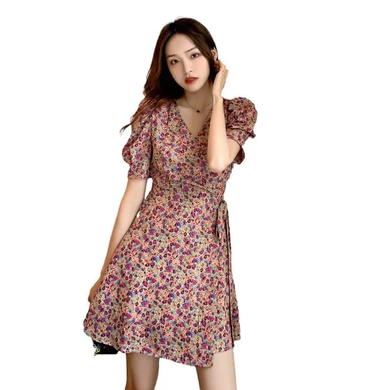 Women Floral Chiffon Dress Summer Short Skirt French Retro Waist Tie A-Line - Image 5
