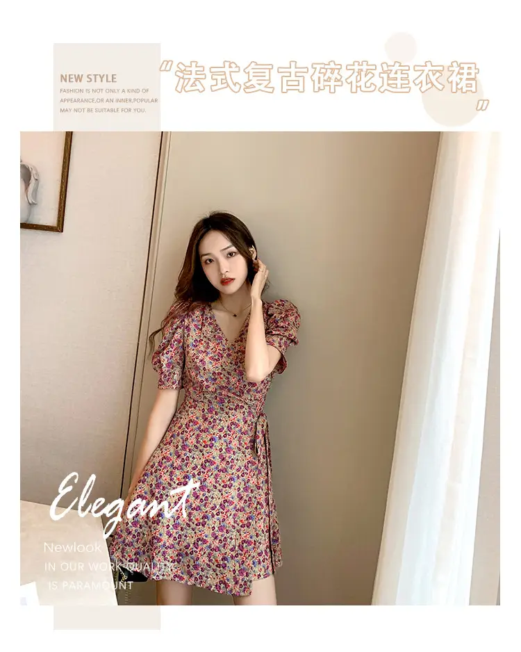 Women Floral Chiffon Dress Summer Short Skirt French Retro Waist Tie A-Line — feature 1