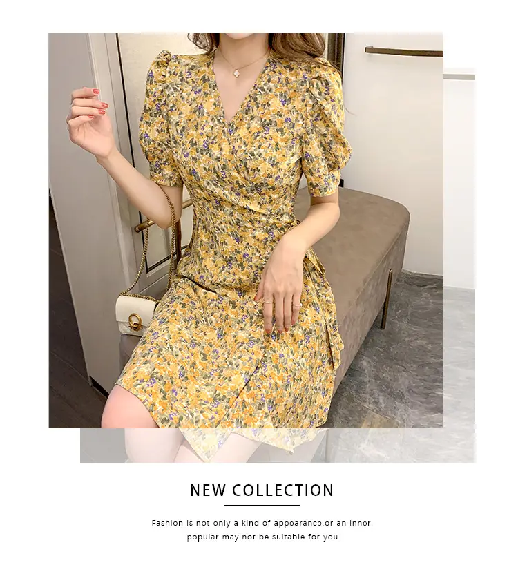 Women Floral Chiffon Dress Summer Short Skirt French Retro Waist Tie A-Line — feature 10