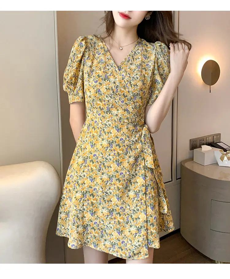 Women Floral Chiffon Dress Summer Short Skirt French Retro Waist Tie A-Line — feature 11