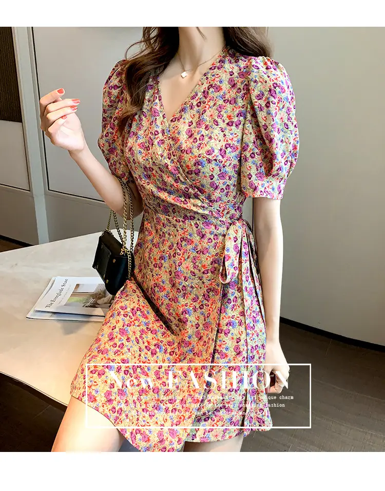 Women Floral Chiffon Dress Summer Short Skirt French Retro Waist Tie A-Line — feature 12