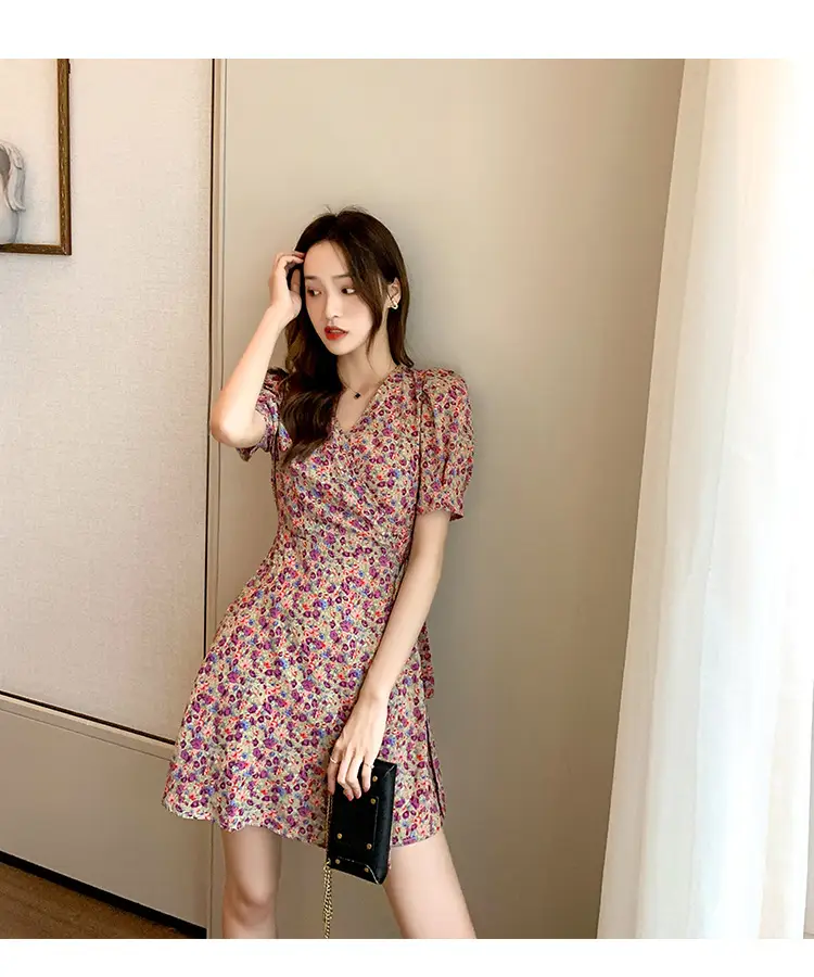 Women Floral Chiffon Dress Summer Short Skirt French Retro Waist Tie A-Line — feature 13