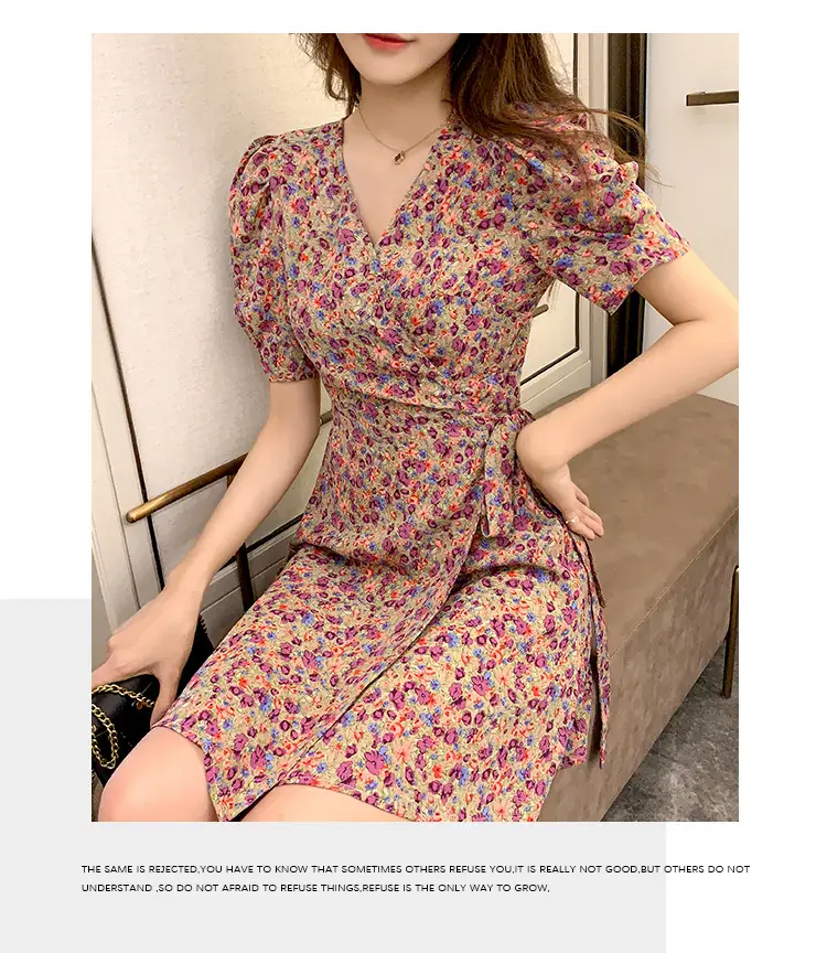 Women Floral Chiffon Dress Summer Short Skirt French Retro Waist Tie A-Line — feature 14