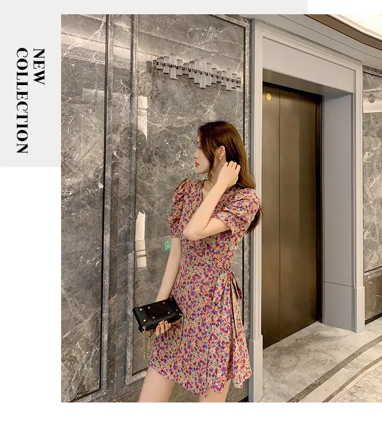 Women Floral Chiffon Dress Summer Short Skirt French Retro Waist Tie A-Line — feature 15