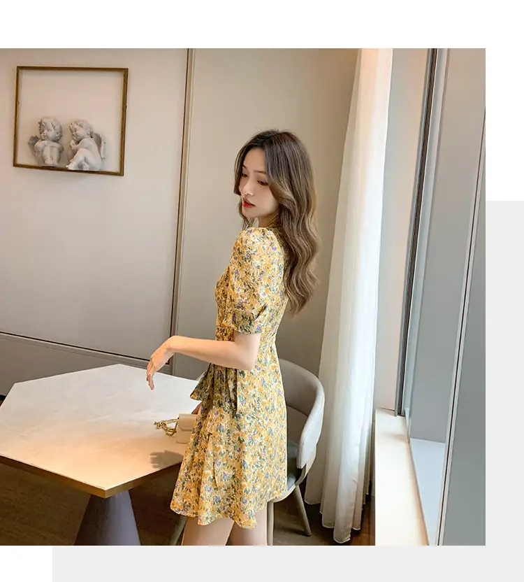 Women Floral Chiffon Dress Summer Short Skirt French Retro Waist Tie A-Line — feature 17