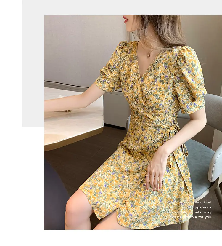 Women Floral Chiffon Dress Summer Short Skirt French Retro Waist Tie A-Line — feature 18