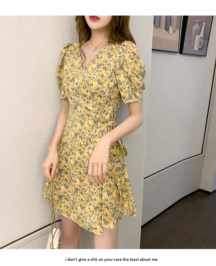 Women Floral Chiffon Dress Summer Short Skirt French Retro Waist Tie A-Line — feature 19