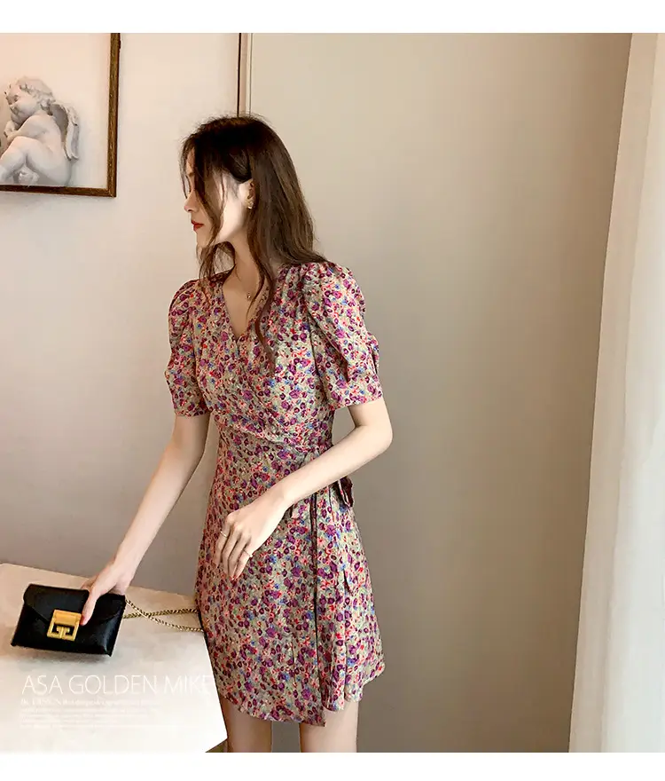 Women Floral Chiffon Dress Summer Short Skirt French Retro Waist Tie A-Line — feature 20