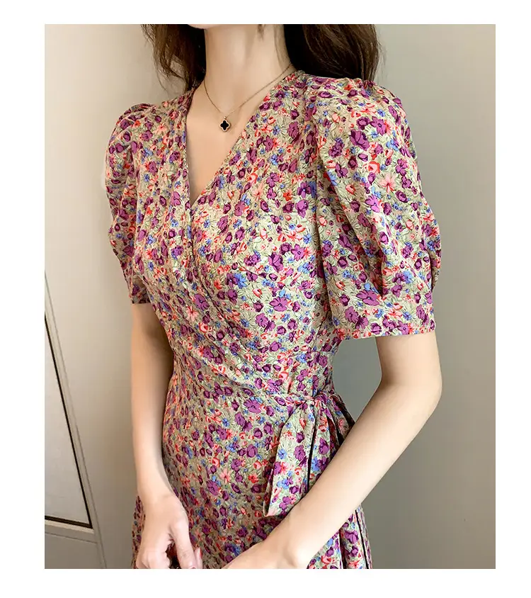Women Floral Chiffon Dress Summer Short Skirt French Retro Waist Tie A-Line — feature 21
