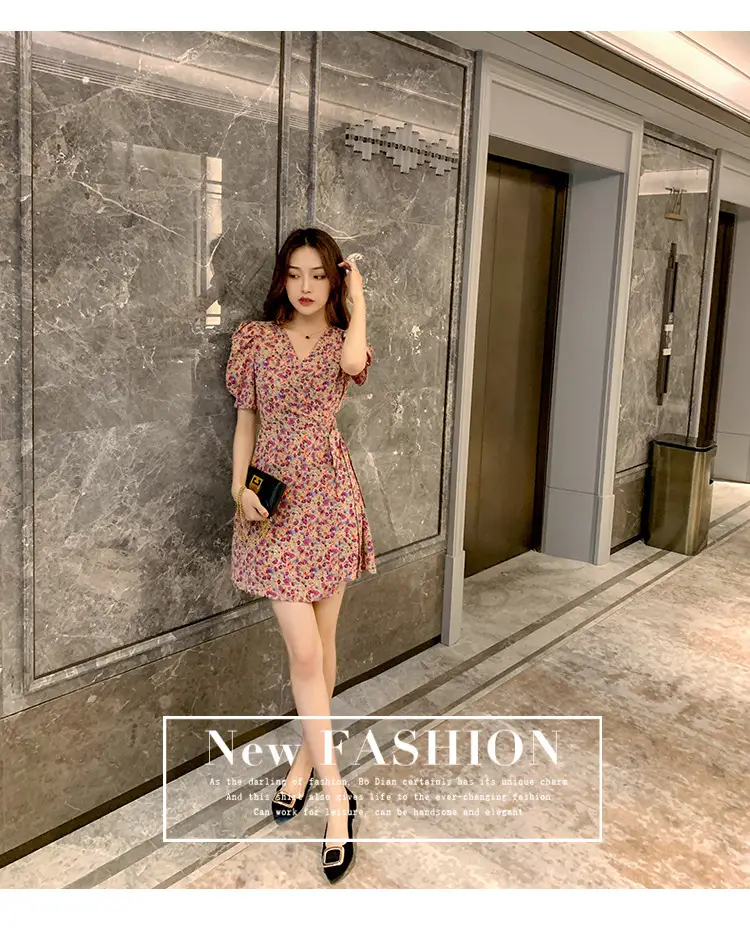 Women Floral Chiffon Dress Summer Short Skirt French Retro Waist Tie A-Line — feature 22