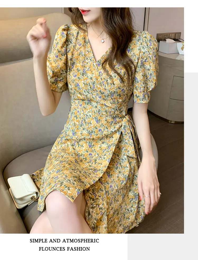 Women Floral Chiffon Dress Summer Short Skirt French Retro Waist Tie A-Line — feature 23