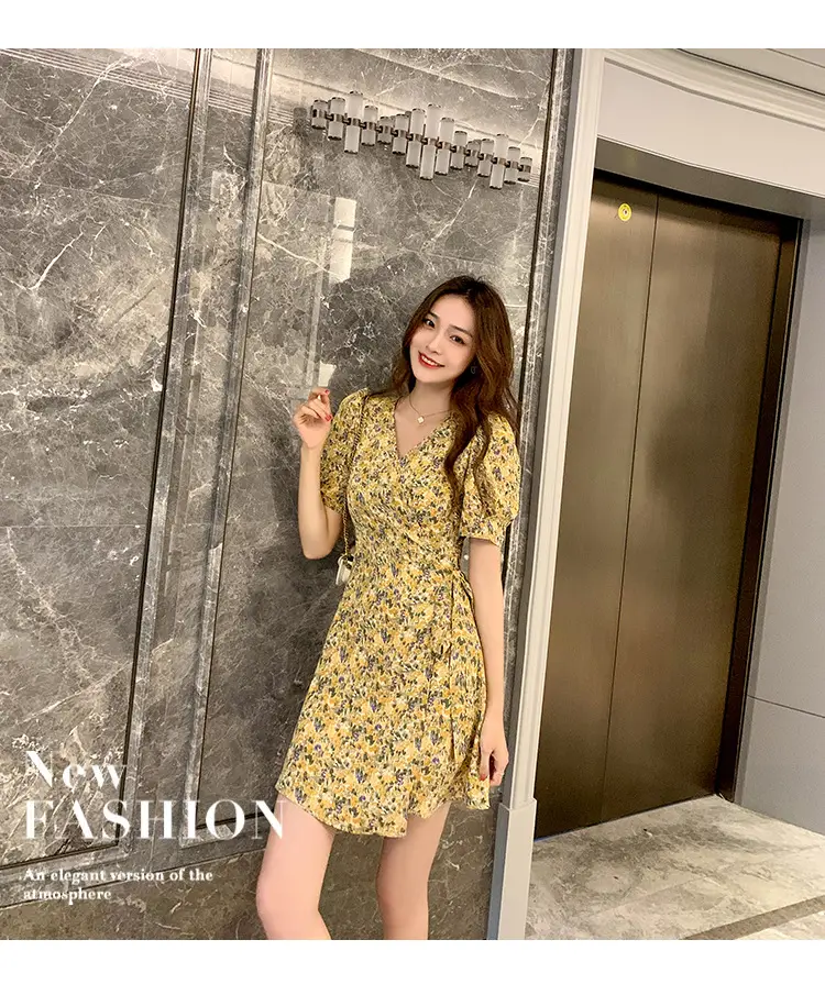 Women Floral Chiffon Dress Summer Short Skirt French Retro Waist Tie A-Line — feature 25