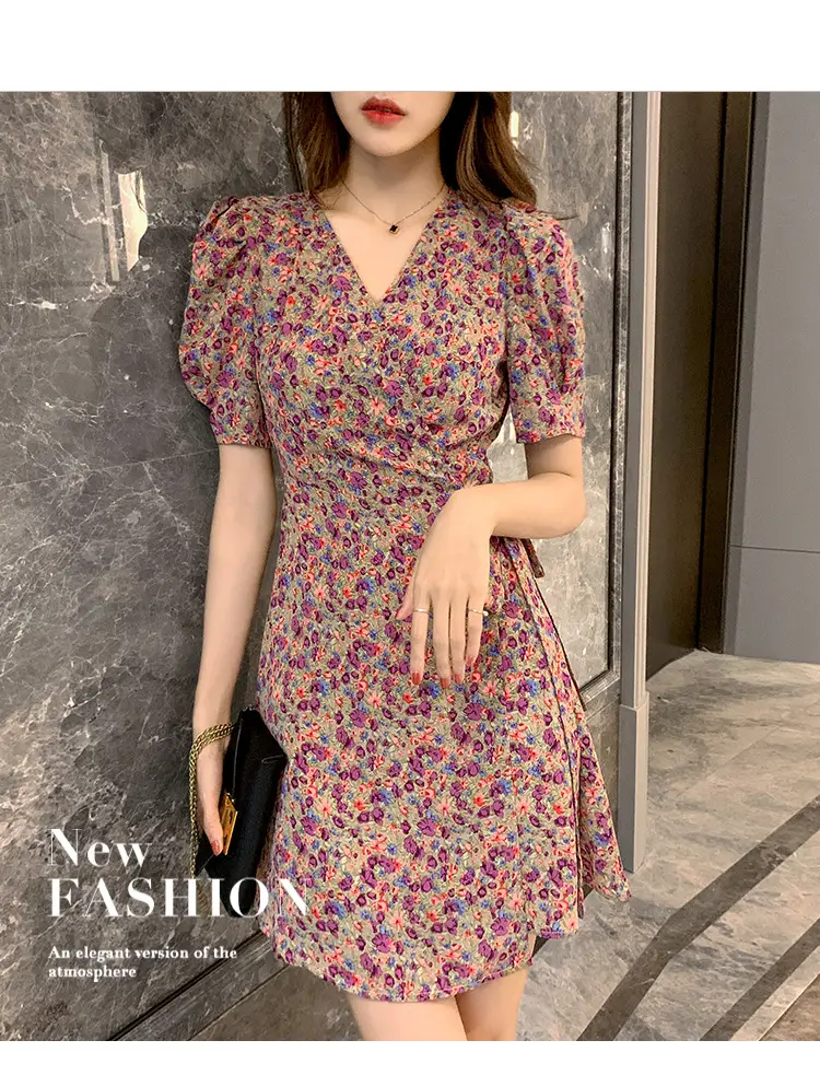 Women Floral Chiffon Dress Summer Short Skirt French Retro Waist Tie A-Line — feature 26