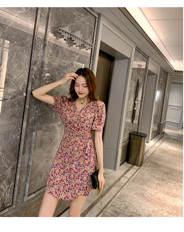 Women Floral Chiffon Dress Summer Short Skirt French Retro Waist Tie A-Line — feature 28
