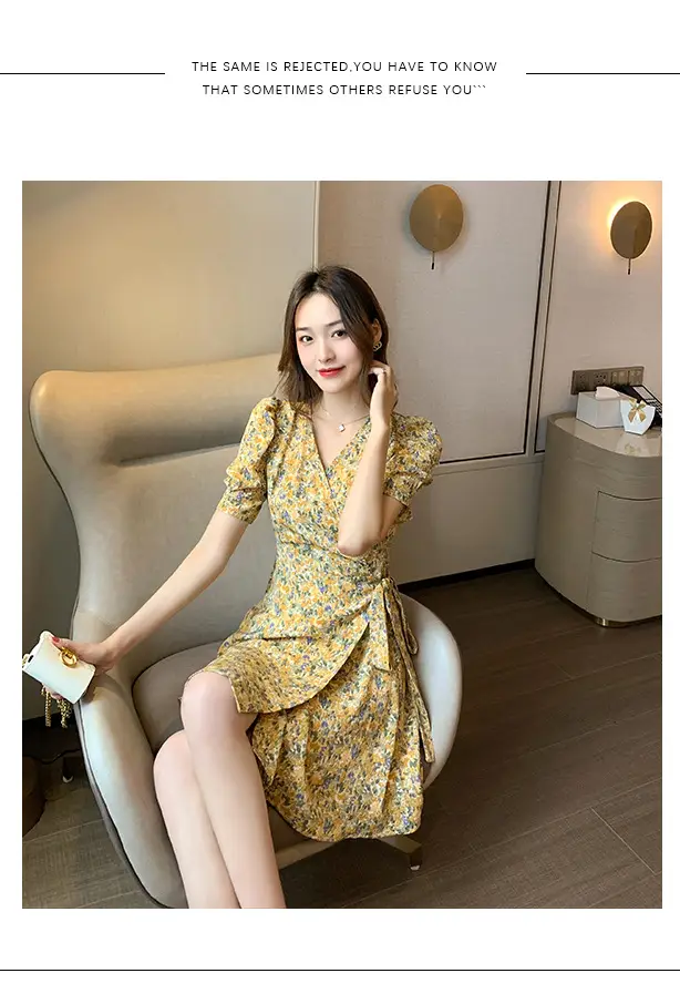 Women Floral Chiffon Dress Summer Short Skirt French Retro Waist Tie A-Line — feature 29