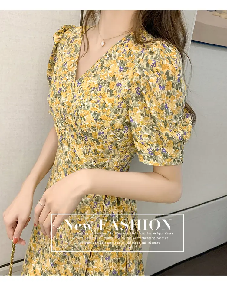 Women Floral Chiffon Dress Summer Short Skirt French Retro Waist Tie A-Line — feature 30