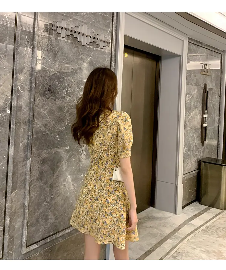 Women Floral Chiffon Dress Summer Short Skirt French Retro Waist Tie A-Line — feature 31