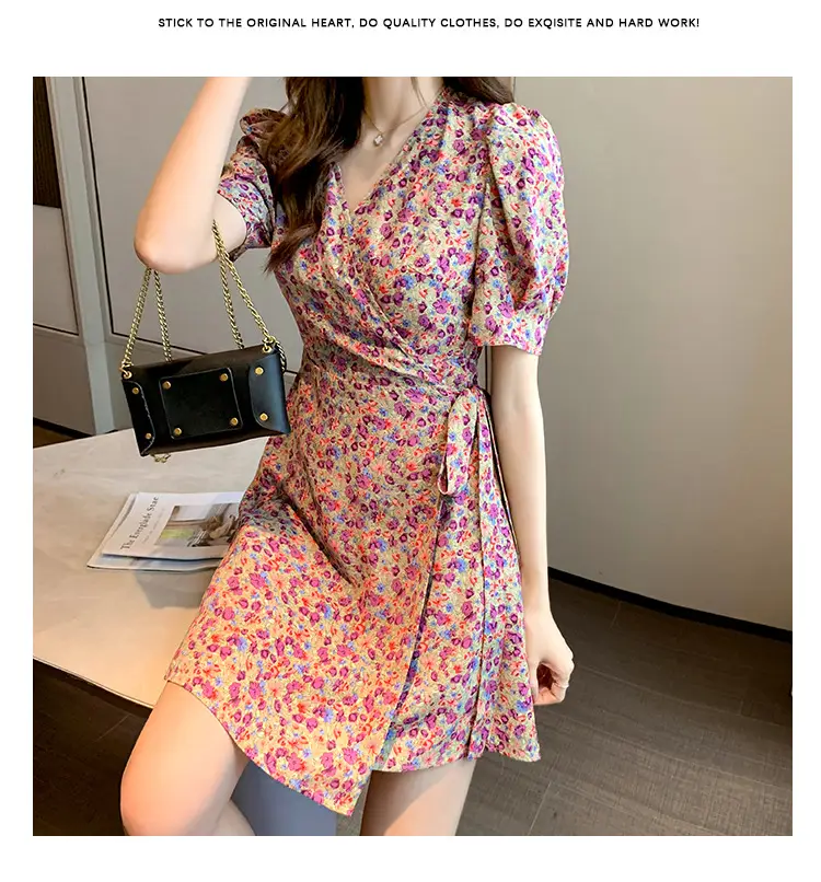 Women Floral Chiffon Dress Summer Short Skirt French Retro Waist Tie A-Line — feature 32