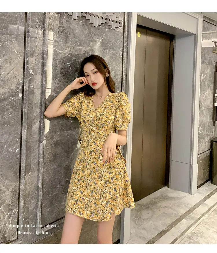 Women Floral Chiffon Dress Summer Short Skirt French Retro Waist Tie A-Line — feature 33