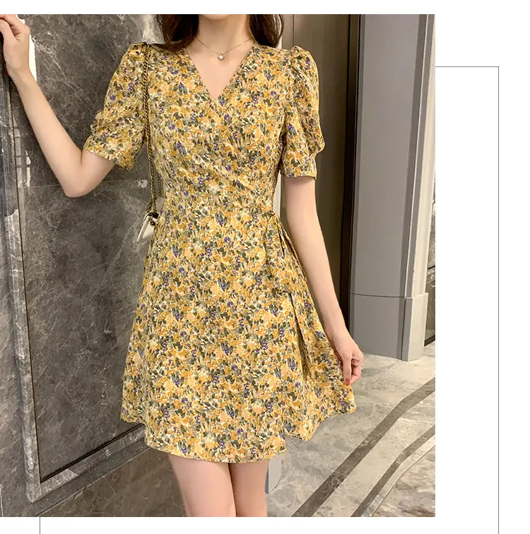 Women Floral Chiffon Dress Summer Short Skirt French Retro Waist Tie A-Line — feature 34