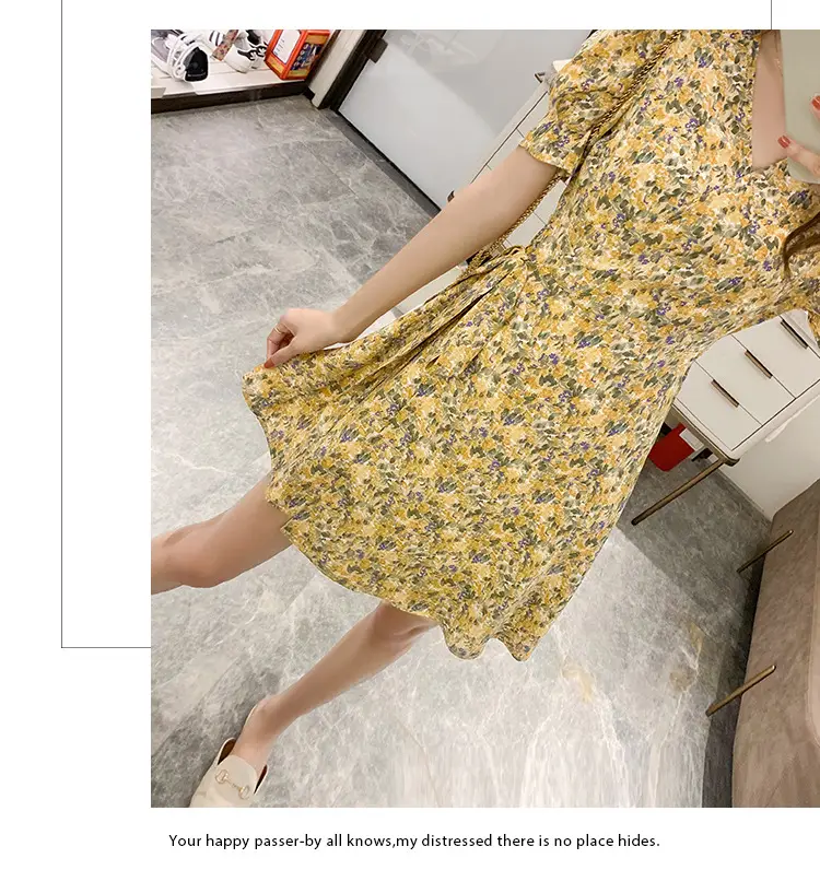 Women Floral Chiffon Dress Summer Short Skirt French Retro Waist Tie A-Line — feature 35