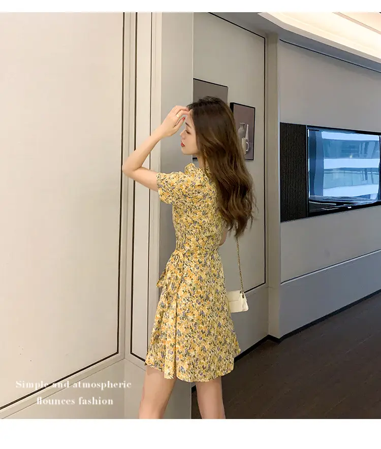Women Floral Chiffon Dress Summer Short Skirt French Retro Waist Tie A-Line — feature 36