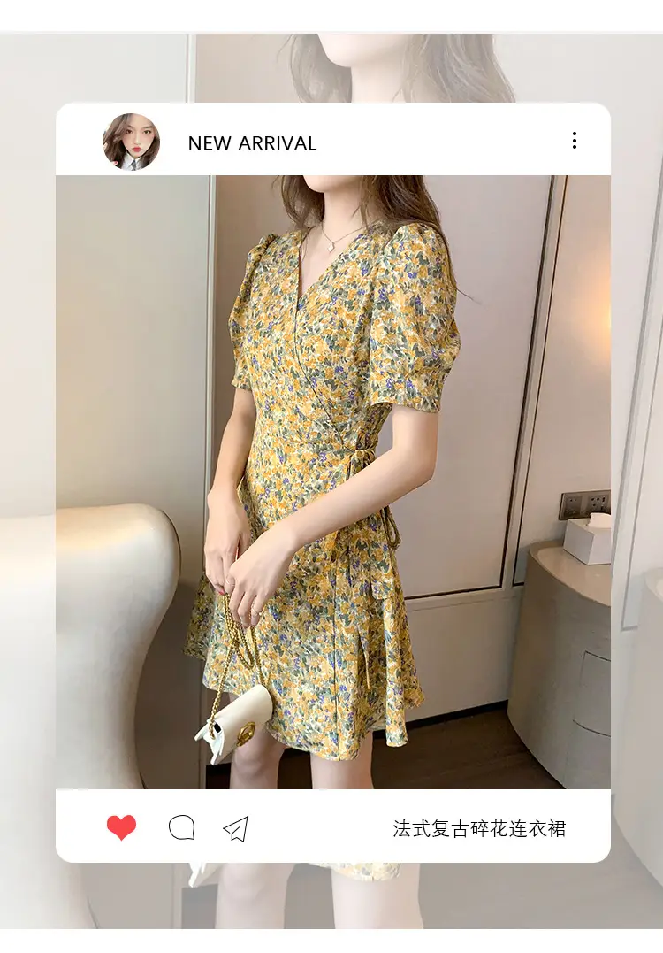 Women Floral Chiffon Dress Summer Short Skirt French Retro Waist Tie A-Line — feature 4