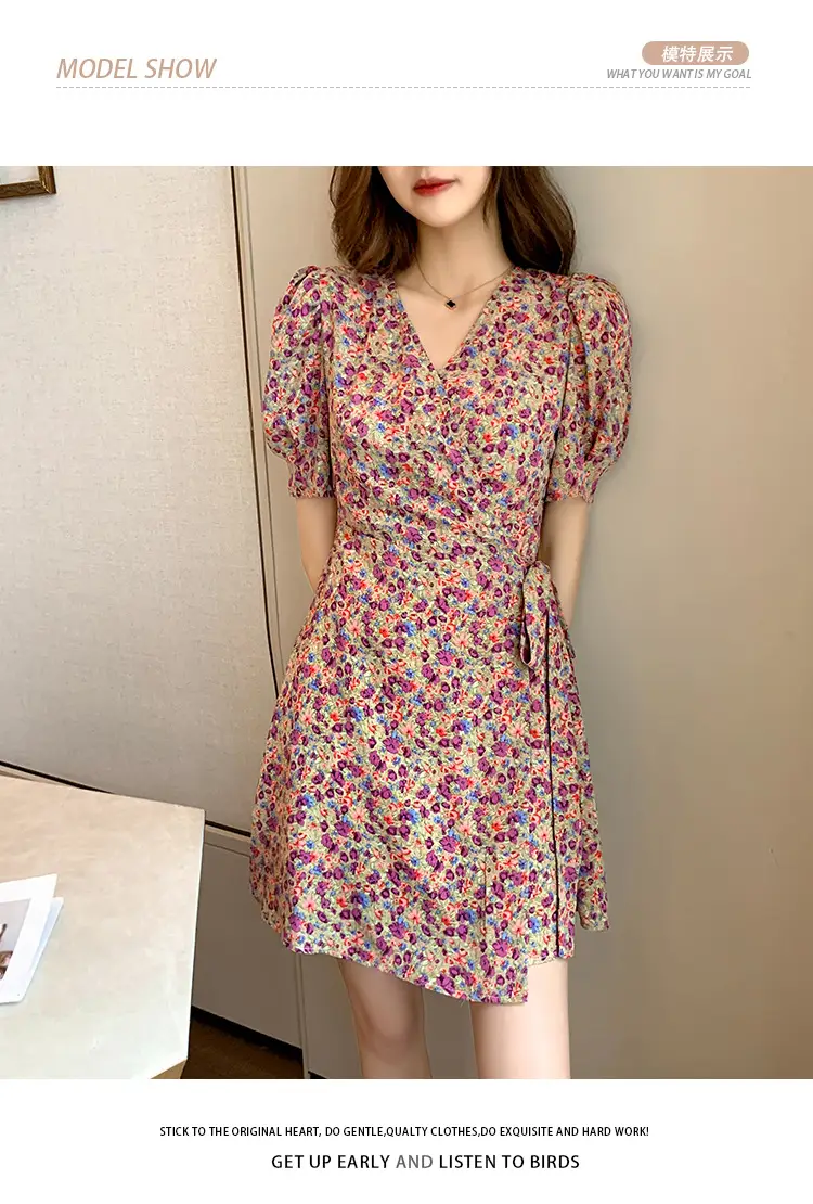 Women Floral Chiffon Dress Summer Short Skirt French Retro Waist Tie A-Line — feature 8